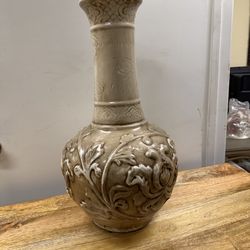 Decorative Ceramic Vase – Embossed Floral Design Neutral Home Decor