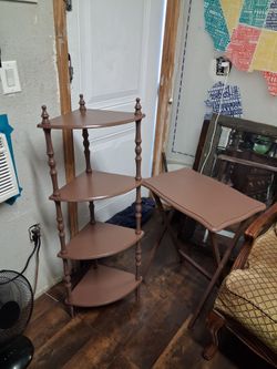 Used Corner Shelf and Folding TV Tray Table