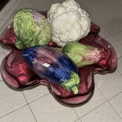 Beautiful Glass Bowl With Porcelain Glazed Vegetables 