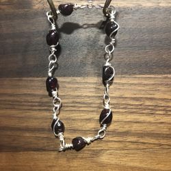 Wire Wrapped Garnet Bracelet On Silver Wire