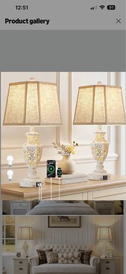 Lamps for Night Stands Set of 2-23.5" Boho Bedside Lamp with USB A+C and Nightlight - Cream Rustic Carved Resin Farmhouse Table Lamp for Bedrooms, End