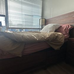 QUEEN BED FRAME, BOX SPRING, NIGHTSTAND 