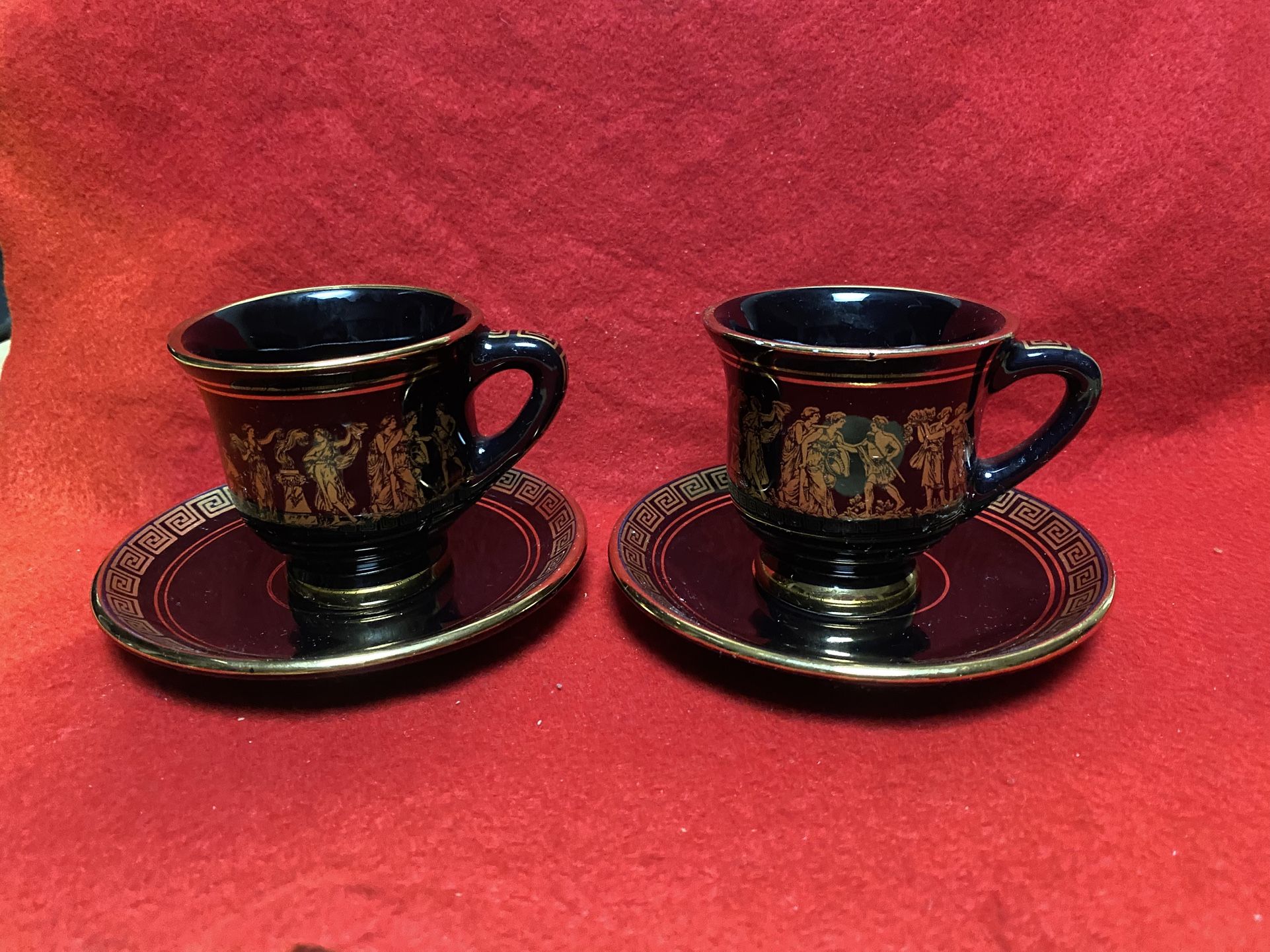 Set of 2 24k Black & Gold Handmade In Greece Imported From Greece Greek Cup/Plate Set