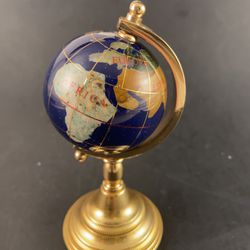 Desktop Lapis Globe on Brass Stand Paperweight