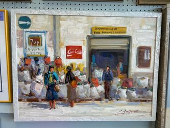 Greek Street market oil painting with COA, signed original 32.5 x 24.5