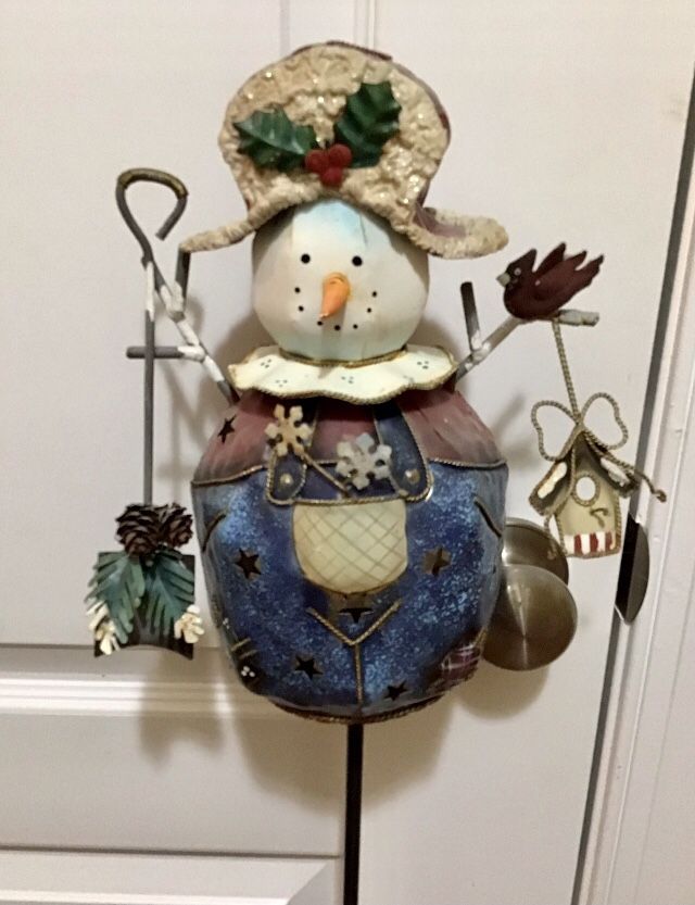 Vintage Metal Snowman Candleholder Yard Stake w/ Some Rusty Character