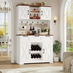 71'' Tall Wine Bar Cabinet with Storage Hutch & 3 Drawers, Farmhouse Coffee Bar Cabinet Wine Rack with Adjustable Shelves, White