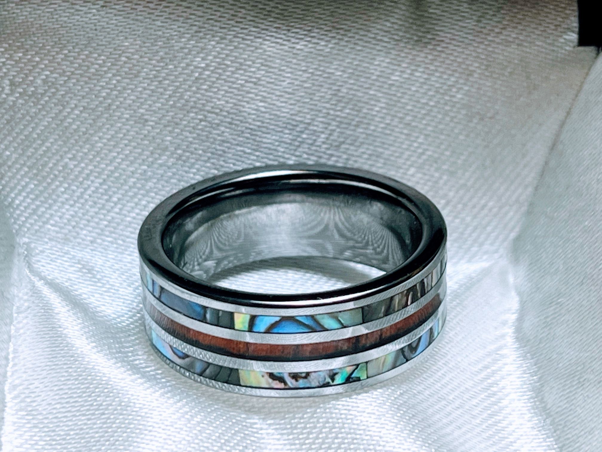 Tungsten Wedding Ring With Hawaiian Koa Wood and Abalone, 8mm