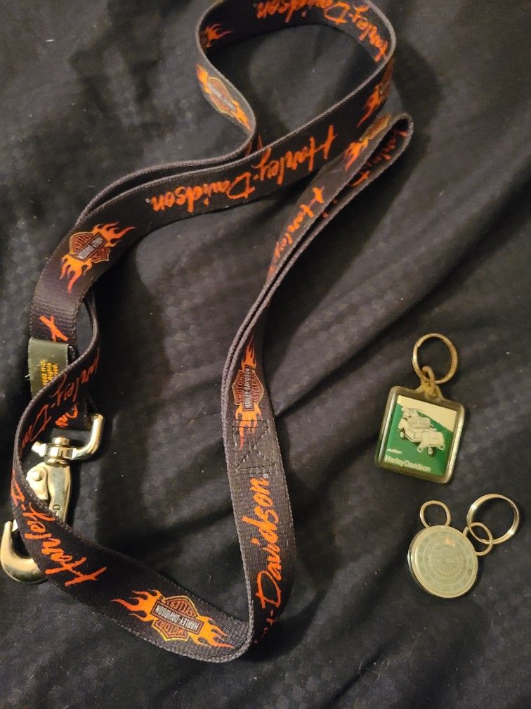 Harley Davidson 47" dog leash and 2 key chains, silver is nice, green has some rust on the metal parts. East, west, north