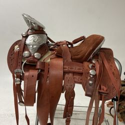 Nueva Montura Charra De Cuero Con Herrage Y Fuste Plateado Completo 