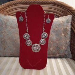 Silver Necklace With Red Stones With Matching Earrings