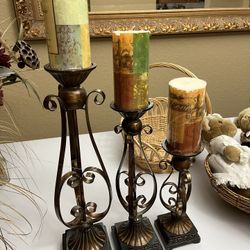 CANDLE HOLDERS AND CANDLES/ SET OF 3/ $20
