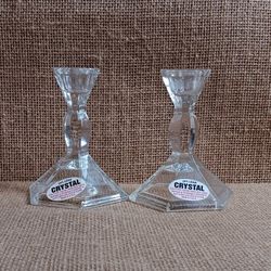 Michael C Fina Fifth Avenue 24% Lead Crystal Taper Candle Holders, 4" Pair of Candlestick Holders 
