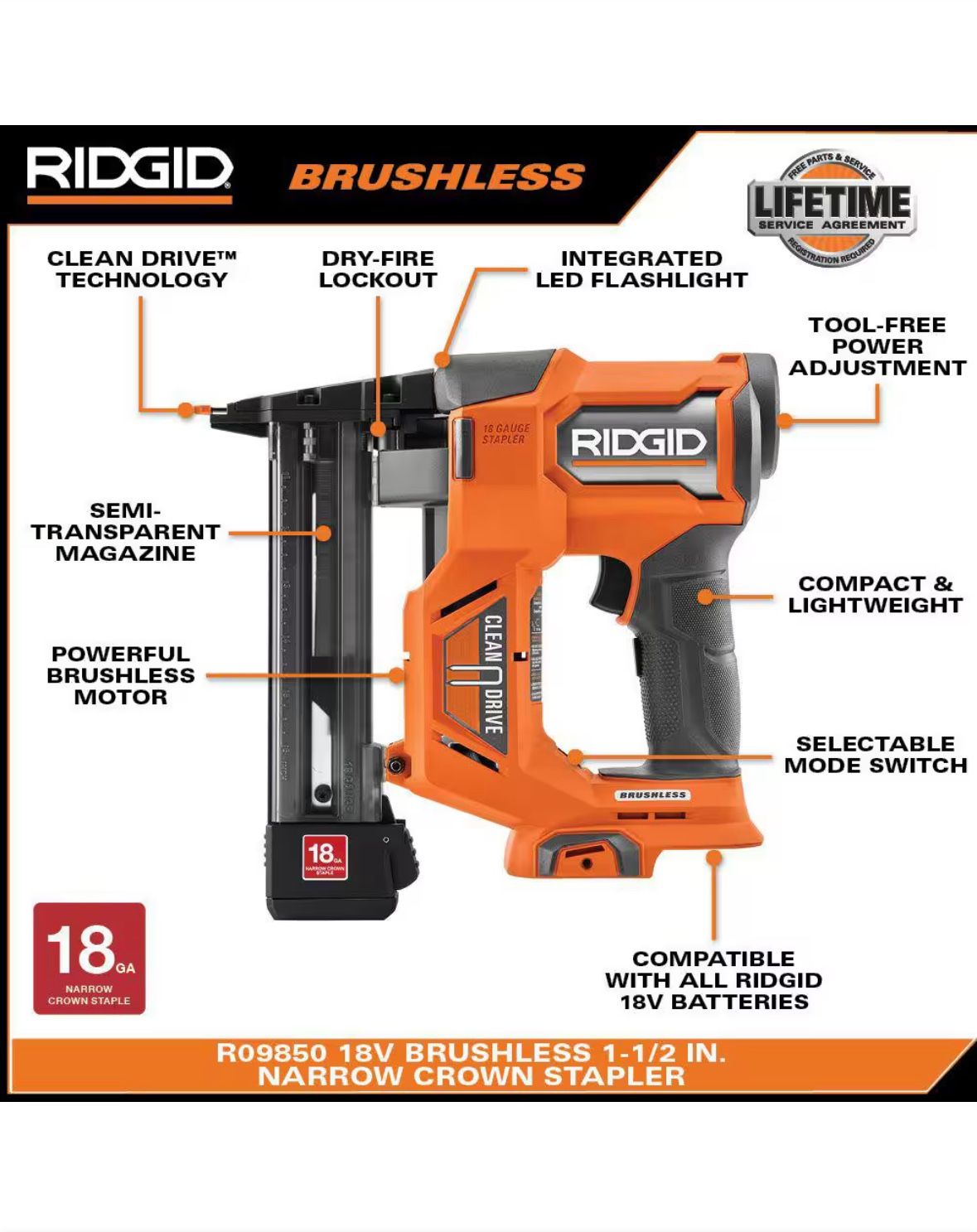 NEW NIB Ridgid 18V Brushless 18 Gauge 1-1/2 in Crown Stapler R09850B (Tool Only)