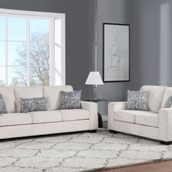 BEIGE MILTON 2 PIECE SOFA AND LOVESEAT WITH 5 ACCENT PILLOWS 