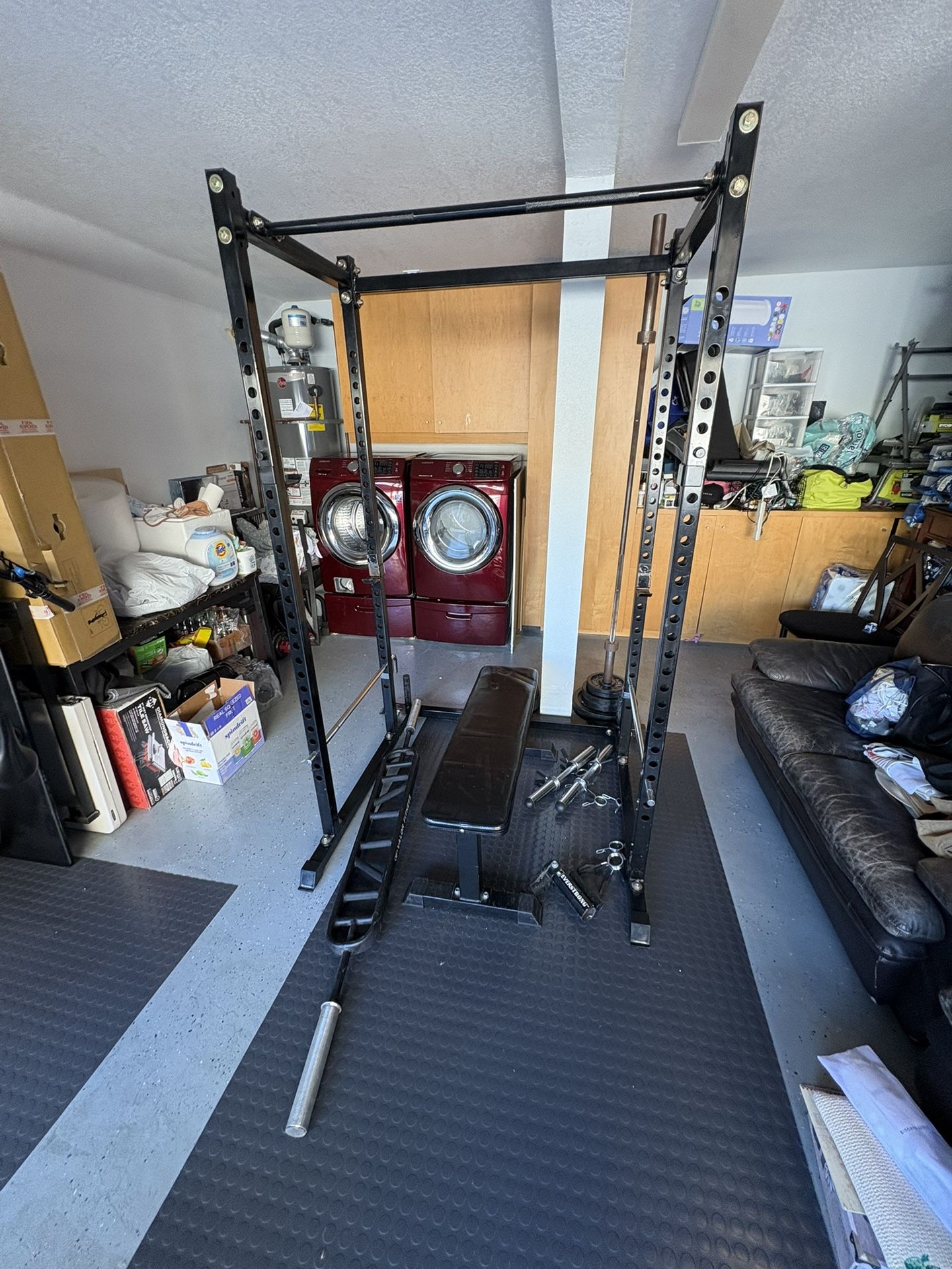 Olympic weight set with bench, squat rack, multiple bars and plates - Home Gym