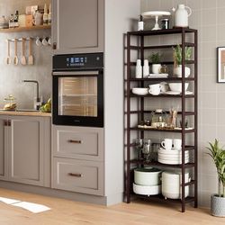 6-Tier Bamboo Shelf, Bamboo Bookcase with Adjustable Shelves, Free Standing Storage Shelf Unit, Plant Flower Stand for Kitchen, Bathroom, Home Office,