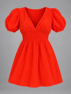 Billabong Orange Red Mini Dress Med Puff Sleeve