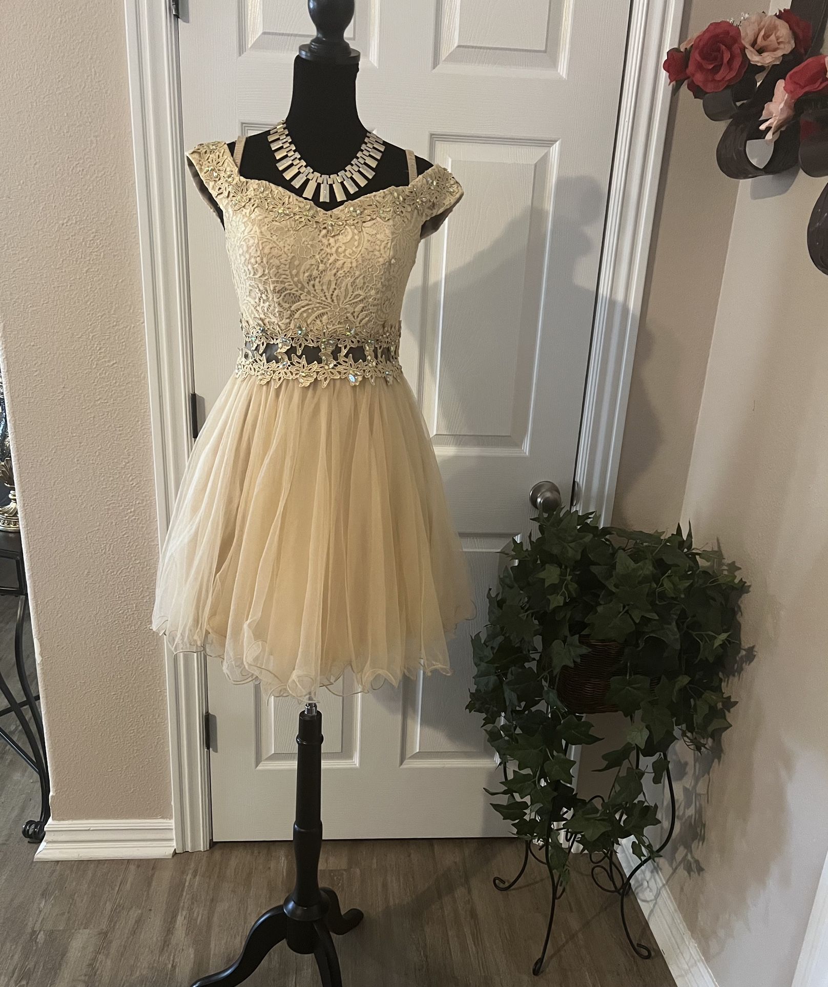 Beige lace prom or quince dress with sequin