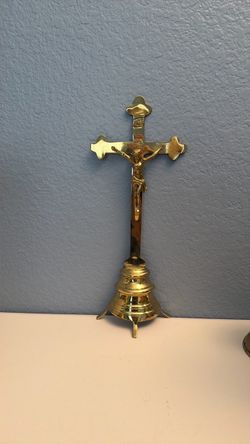 Catholic polished brass standing altar crucifix cross 14” tall
