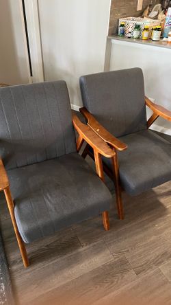 Pair of Mid-Century Modern Gray Accent Chairs – Wood Frame (Set of 2)