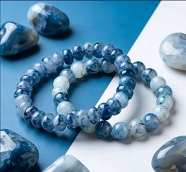 Blue Agate Beaded Stretch Bracelets Set of 2
