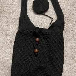 Black Crochet Shoulder Bag W/ Brown Beads 
