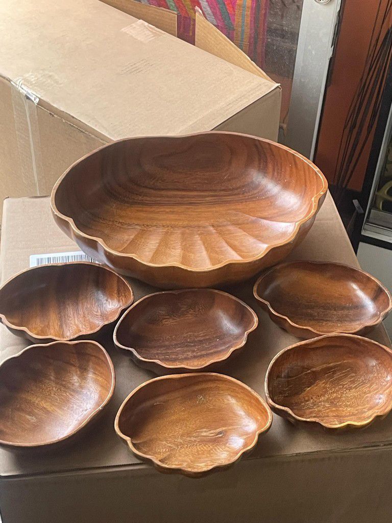 Vintage Wood Clamshell Bowl Set Salad Appetizer Set 
