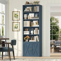 81.5" Tall Bookcase with Doors, 5-Tier Bookshelves with Storage, 23.6"W Display Shelf with 2 Doors for Home Office, Living Room, Blue