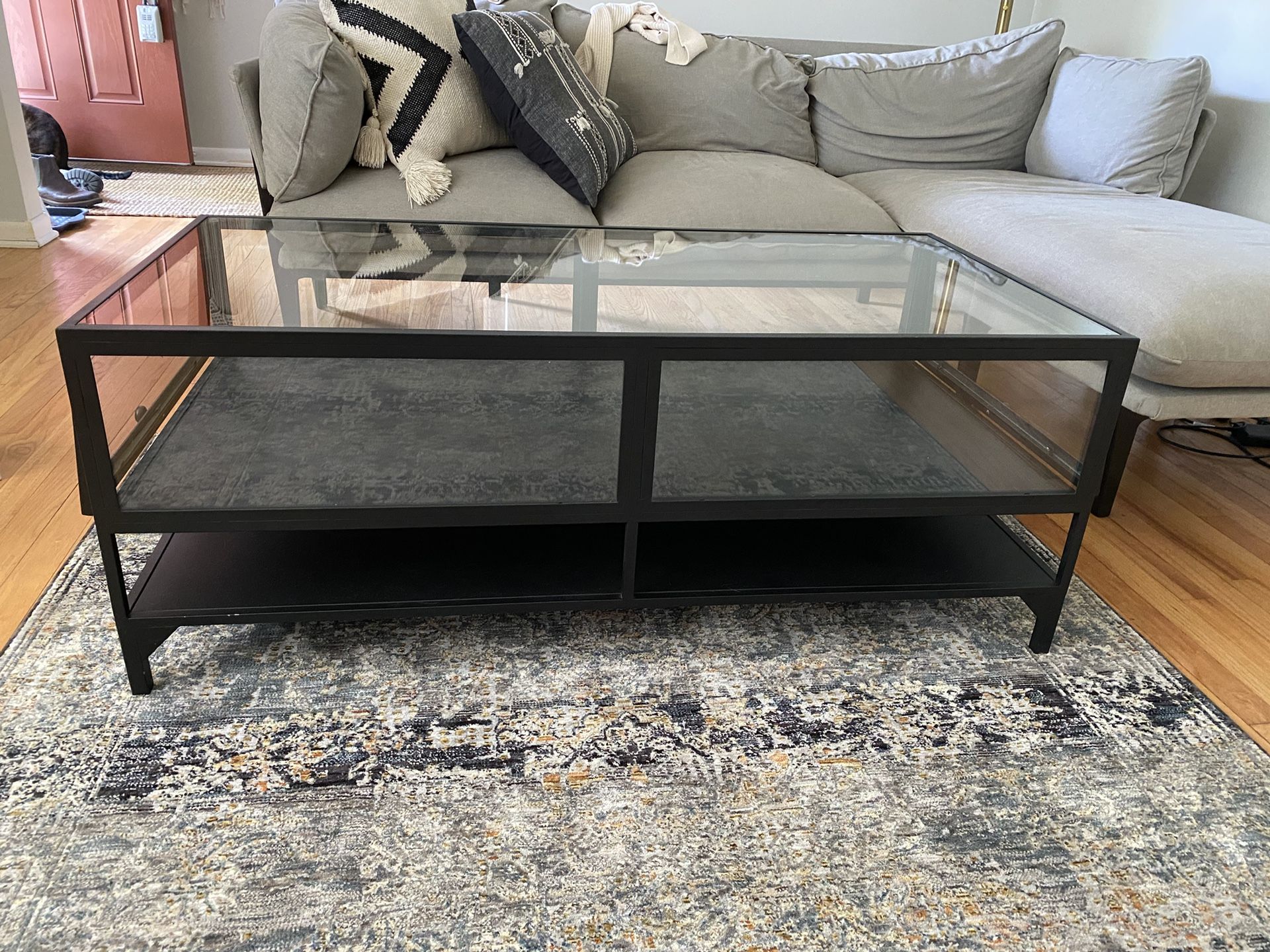 Crate & Barrel Glass And Metal Coffee Table With Storage