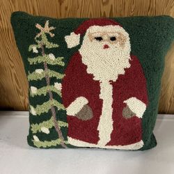 Primitive Santa and Tree Wool Hooked Throw Pillow