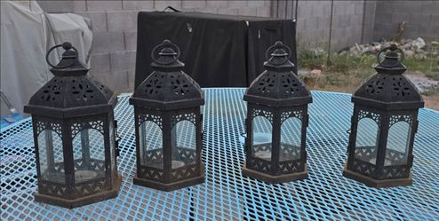 4 outdoor decorative metal and glass lanterns