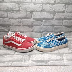 Set Of Vans Off The Wall Women Size 7.5 Red Mens Size 6 Blue Floral  Shoes 