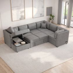 108" Gray Chenille U-Shaped Sectional Sofa w/ Pull-Out Sleeper / Storage Chaise & USB / Power Ports [NEW] **Retails for $1800+