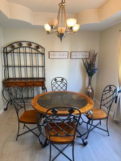Round Slate Top Dining Table with 4 Chairs + Bakers Rack