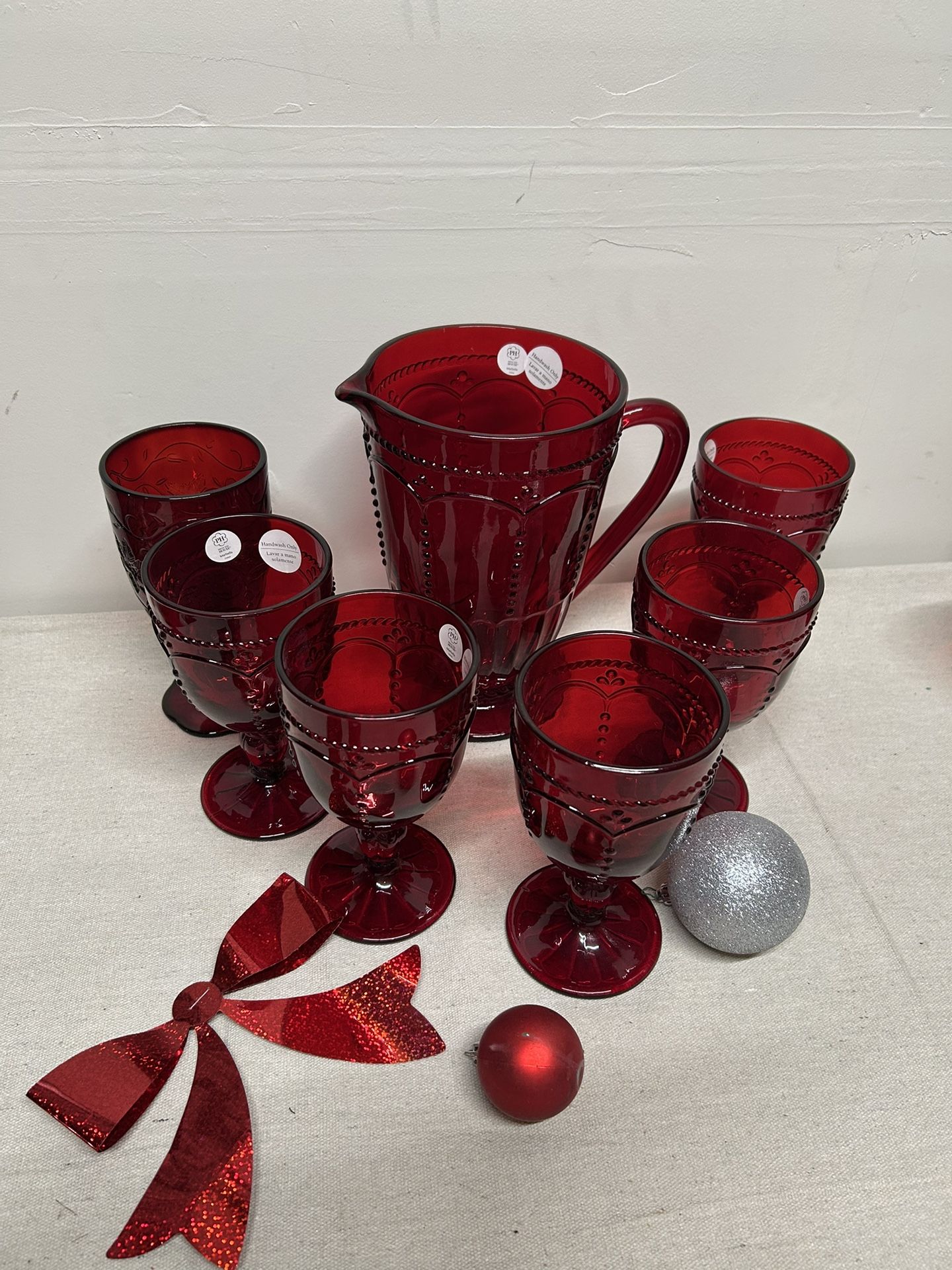 Princess House Red Pitcher With 6 Goblets