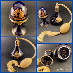 VTG LIMOGES CASTEL COBALT BLUE & 22K GOLD PERFUME ATOMIZER & EGG TRINKET BOX  Victorian Couple Motif