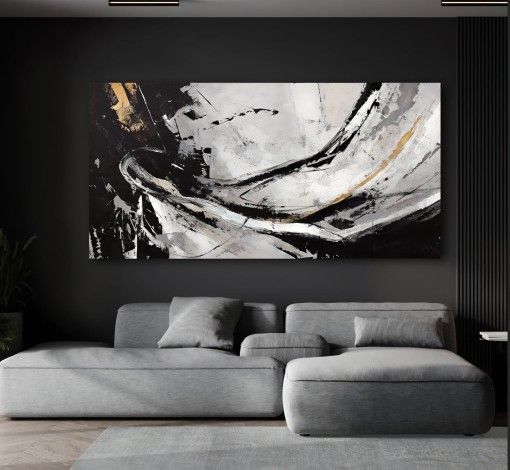 Brand New ABSTRACT Gray Black & Gold Graffiti Art Painting 58" By 29" $599 NEW BNIB