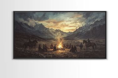 Sunset Cowboys Around Campfire