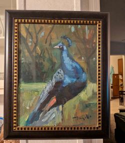 Original Peacock Oil Painting – Signed Trujillo Mid Century Framed Art