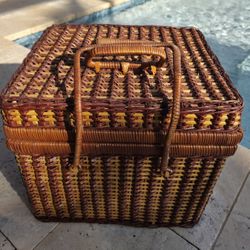 Vintage Wicker Picnic Basket(12"x13"x10.5") With Hard Plastic Picnic Wares