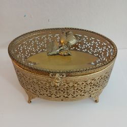 Vintage Beveled Glass Brass Victorian Style, Trinket Jewelry Box Antique 