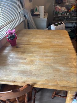 Good sturdy dining table. There are no chairs has a leaf easy to maintain and clean.