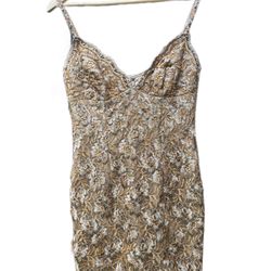 Mandalay gold embroidered mesh w/ sequin and Swarovski crystal accents dress 6  New cocktail dress with tags.  Extra crystal and beading along bottom 