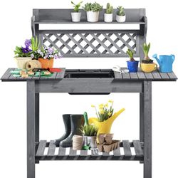 Potting Bench Table Outdoor Garden Horticulture Wooden Workstation Benched w/Sliding Tabletop/Removable Sink/Elevated Rack,Gray