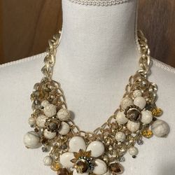 CHUNKY Gold Chain Flower Women's Necklace Woven With Glass Beads