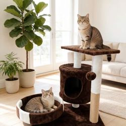 Cozy Indoor cat Tree Tower, cat condo with cat Scratching Post and cat Litter, cat pet Playhouse with Fun Plush Ball Toy