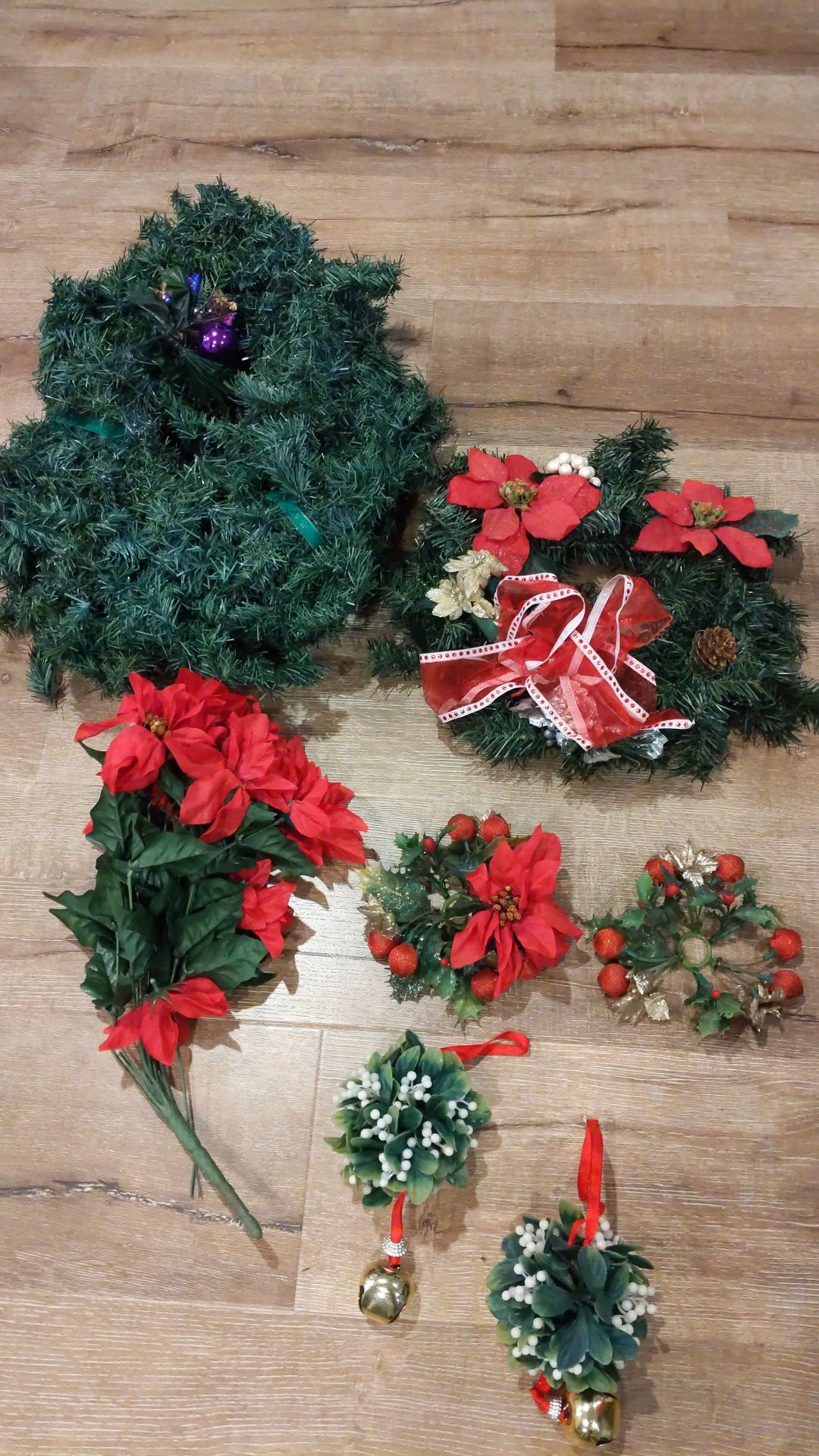 Christmas decor wreath, flower, ornaments, etc