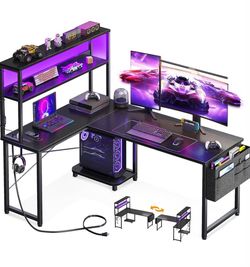 L Shaped Desk Gaming Desk with LED Light & Power Outlet
