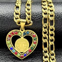 Colorful Crystal Saint Benedict Medal Heart Shaped Pendant Stainless Steel Chain Included  [PEN250]